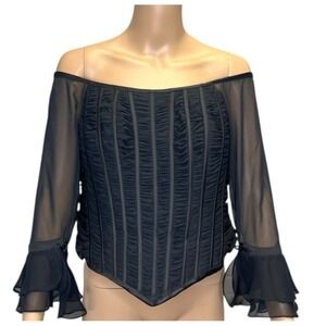 VTG Rose Taft Black Corset Top Shear Ruched Boned sz 10 Whimsigoth Romantic Boho